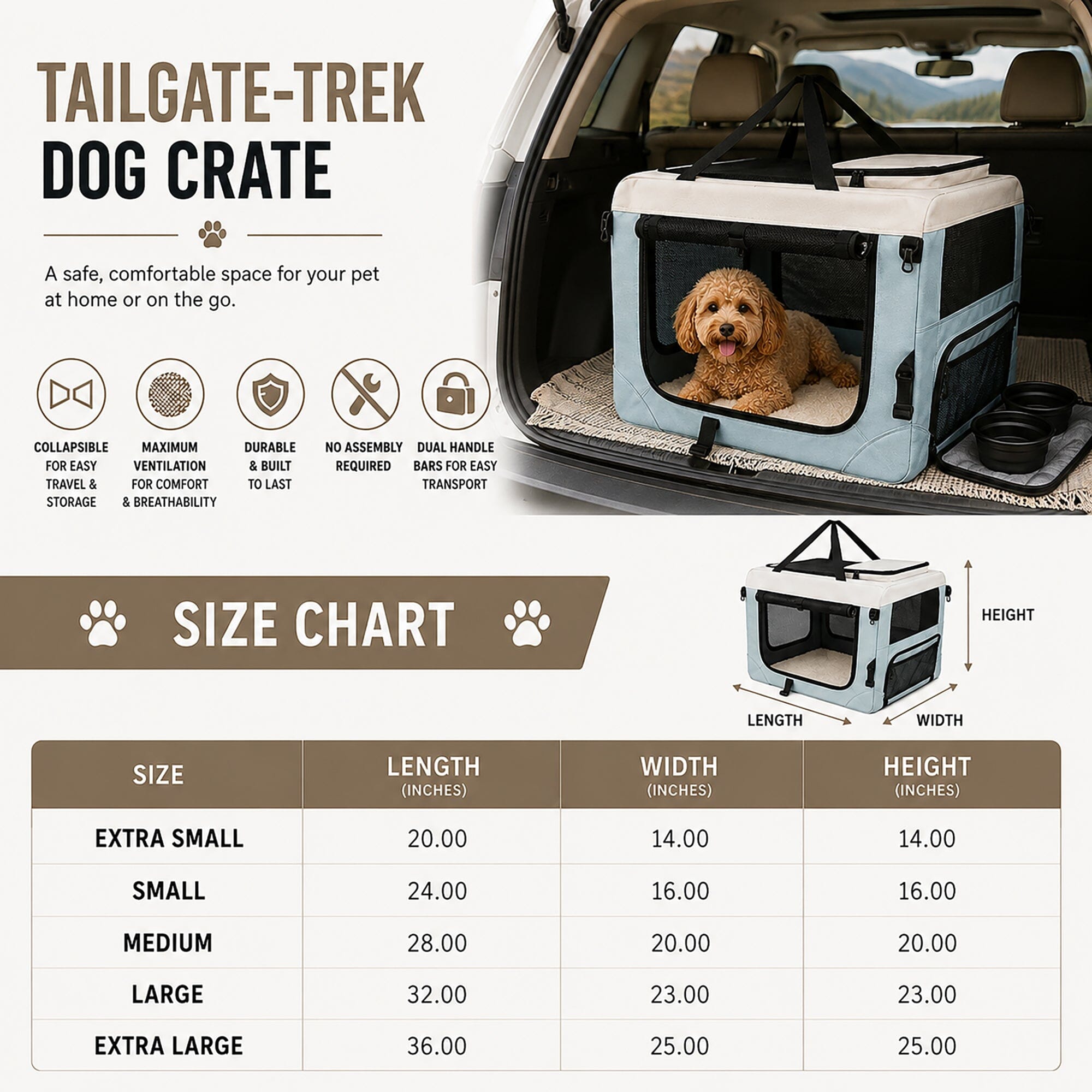 Pet Life ® Tailgate-Den Collapsible Travel Pet Crate with Dual Bowls and Storage