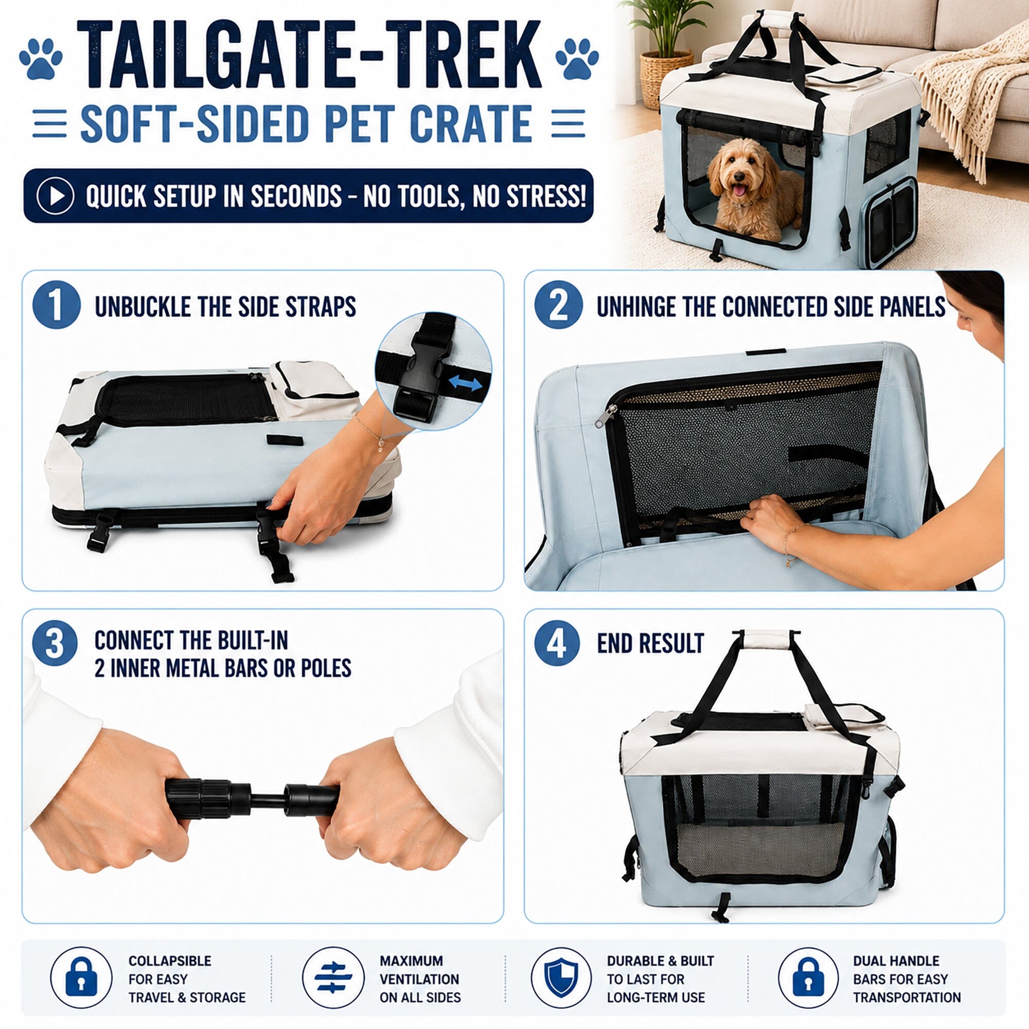 Pet Life ® Tailgate-Den Collapsible Travel Pet Crate with Dual Bowls and Storage