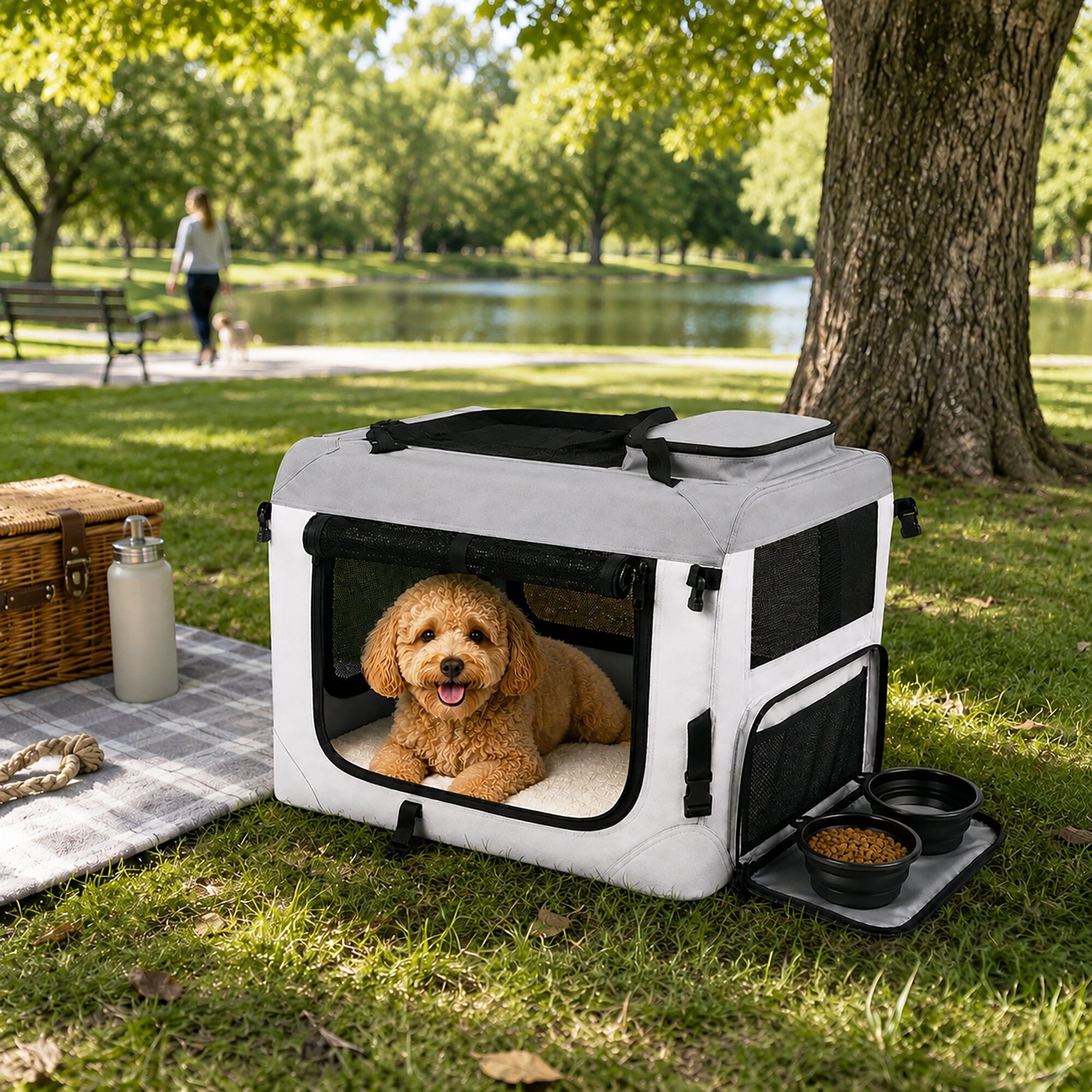 Pet Life ® Tailgate-Den Collapsible Travel Pet Crate with Dual Bowls and Storage