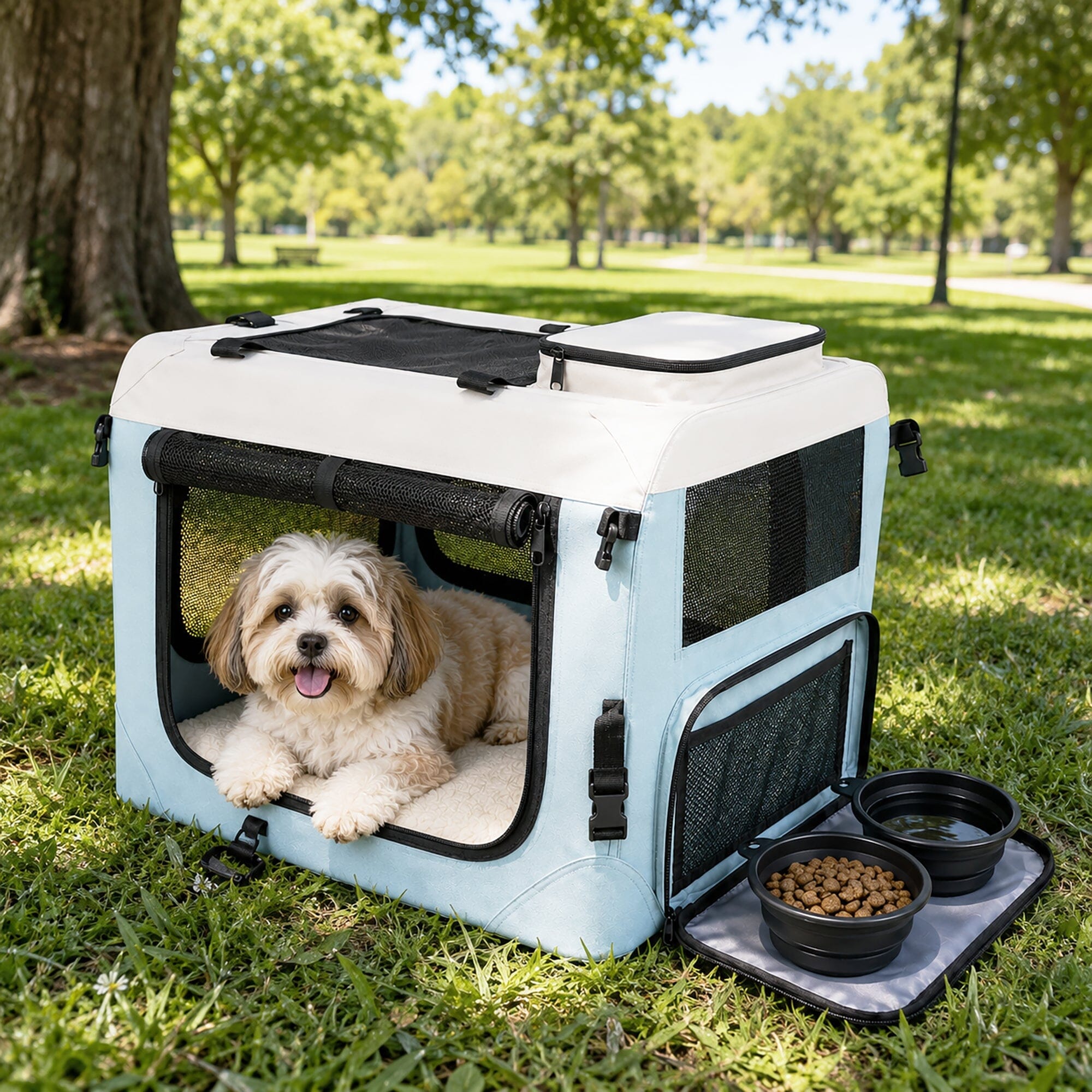 Pet Life ® Tailgate-Den Collapsible Travel Pet Crate with Dual Bowls and Storage