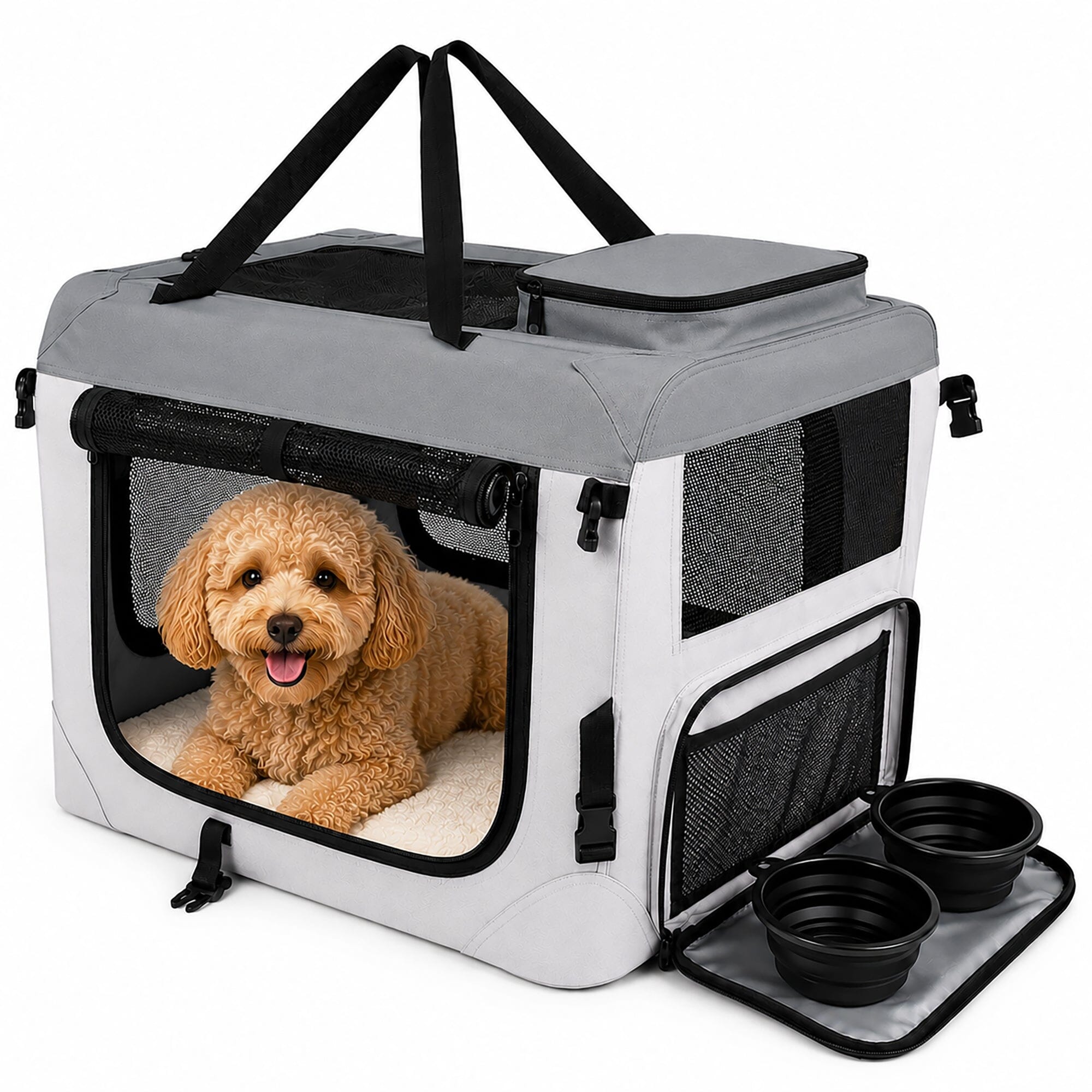 Pet Life ® Tailgate-Den Collapsible Travel Pet Crate with Dual Bowls and Storage Extra Small Gray