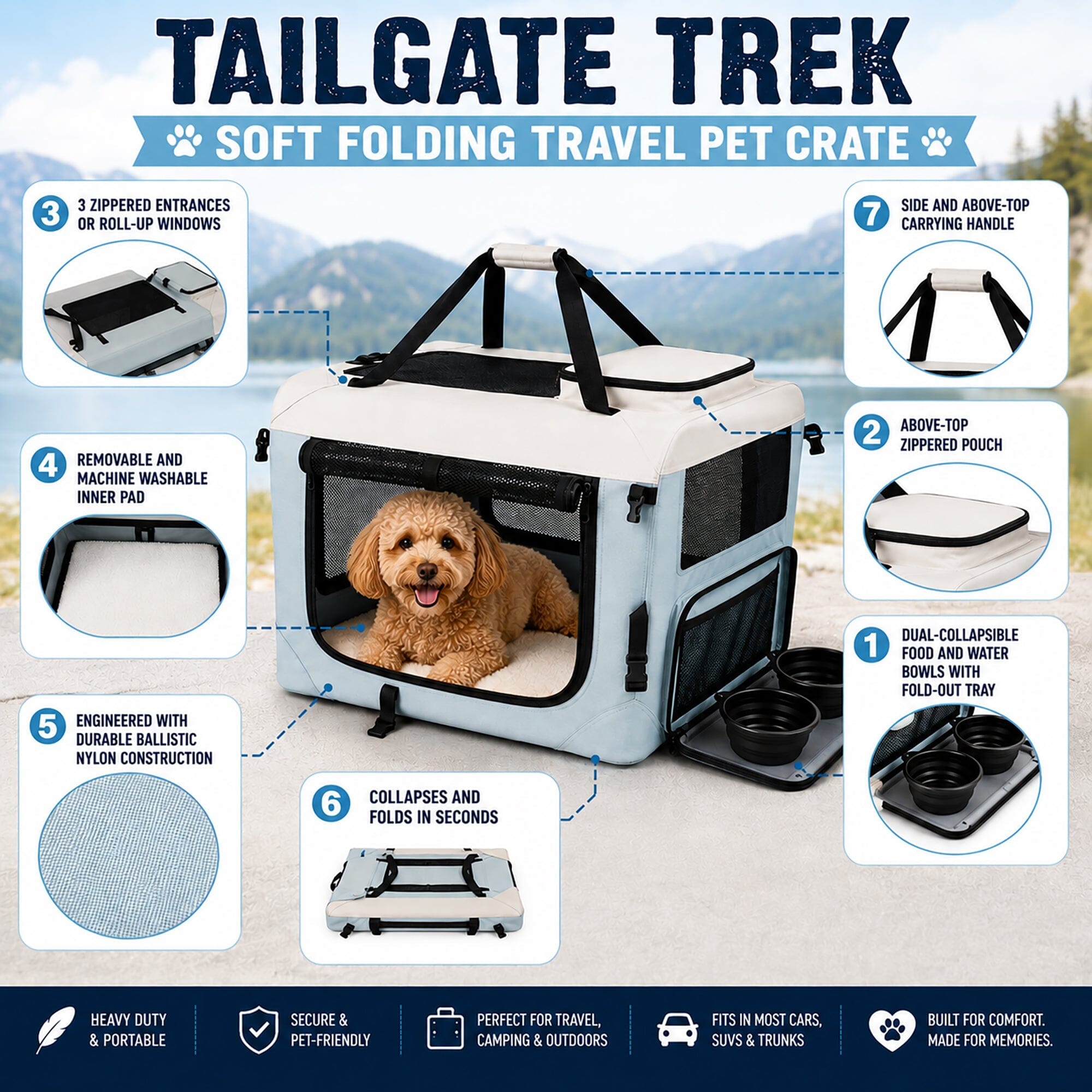 Pet Life ® Tailgate-Den Collapsible Travel Pet Crate with Dual Bowls and Storage