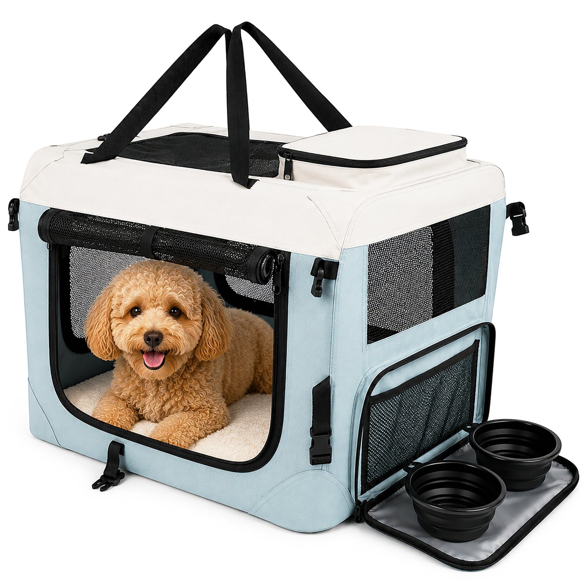 Pet Life ® Tailgate-Den Collapsible Travel Pet Crate with Dual Bowls and Storage Extra Small Light Blue/Khaki