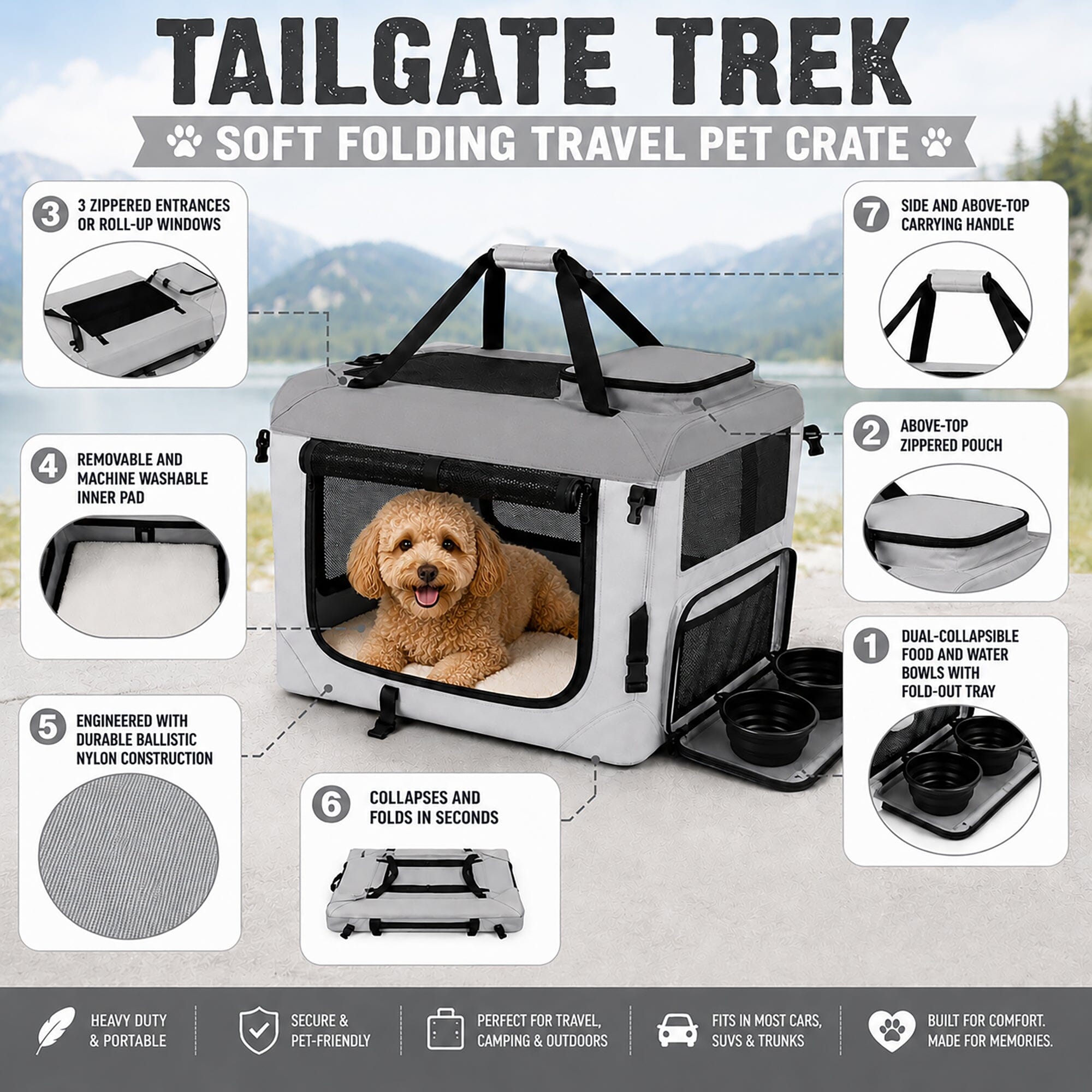 Pet Life ® Tailgate-Den Collapsible Travel Pet Crate with Dual Bowls and Storage
