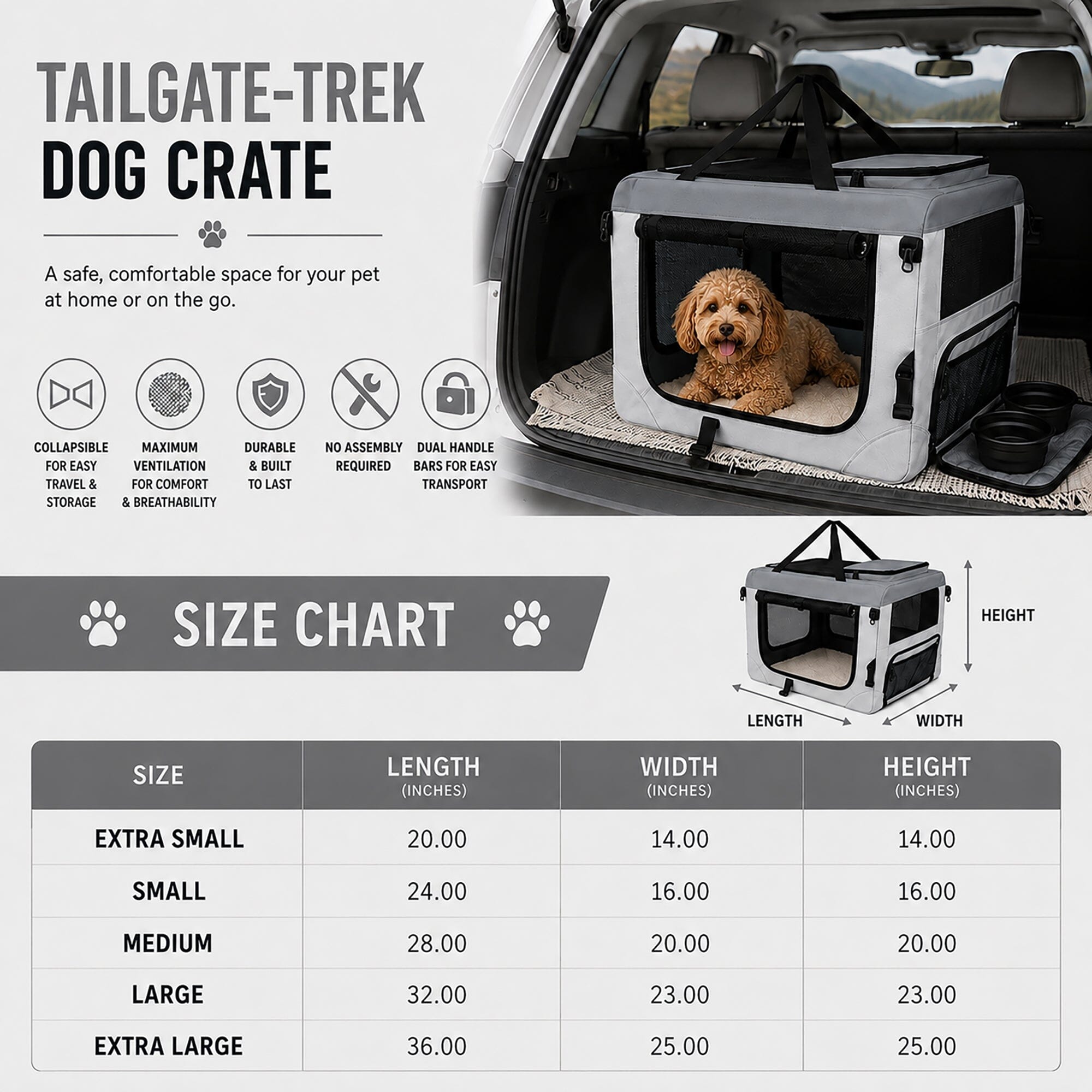 Pet Life ® Tailgate-Den Collapsible Travel Pet Crate with Dual Bowls and Storage