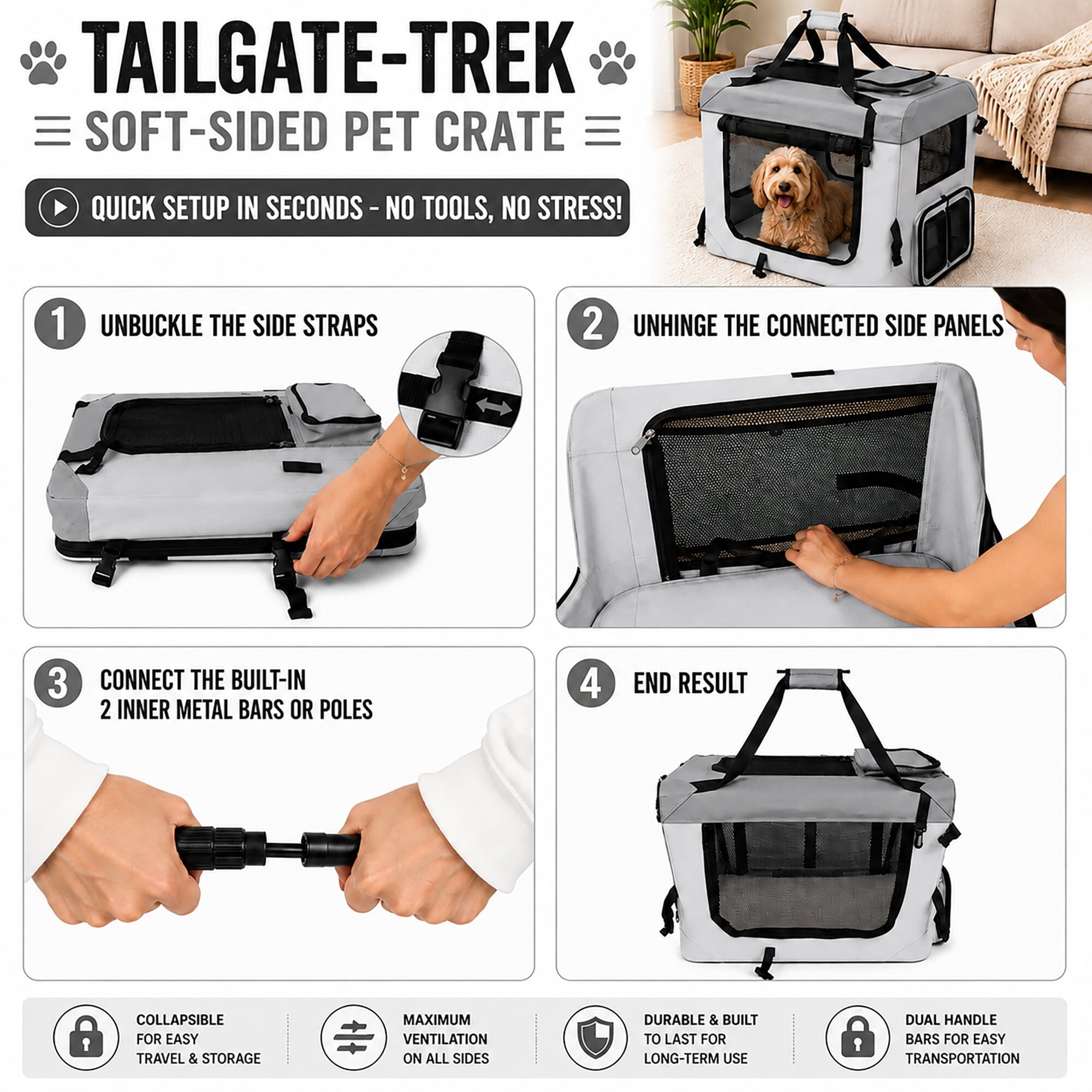 Pet Life ® Tailgate-Den Collapsible Travel Pet Crate with Dual Bowls and Storage