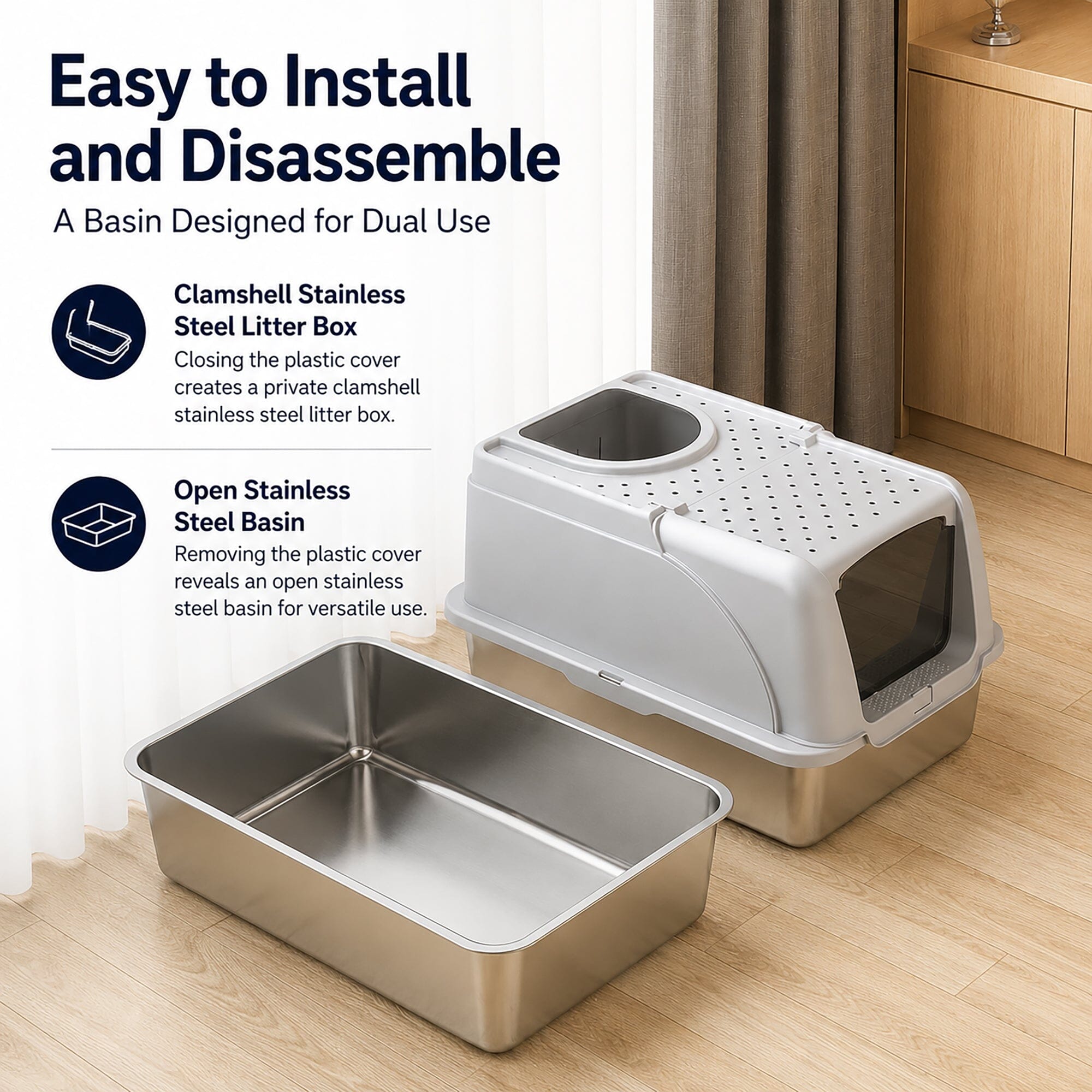 Pet Life ® “ZenPod” Premium Stainless Steel Clamshell Cat Litter Box