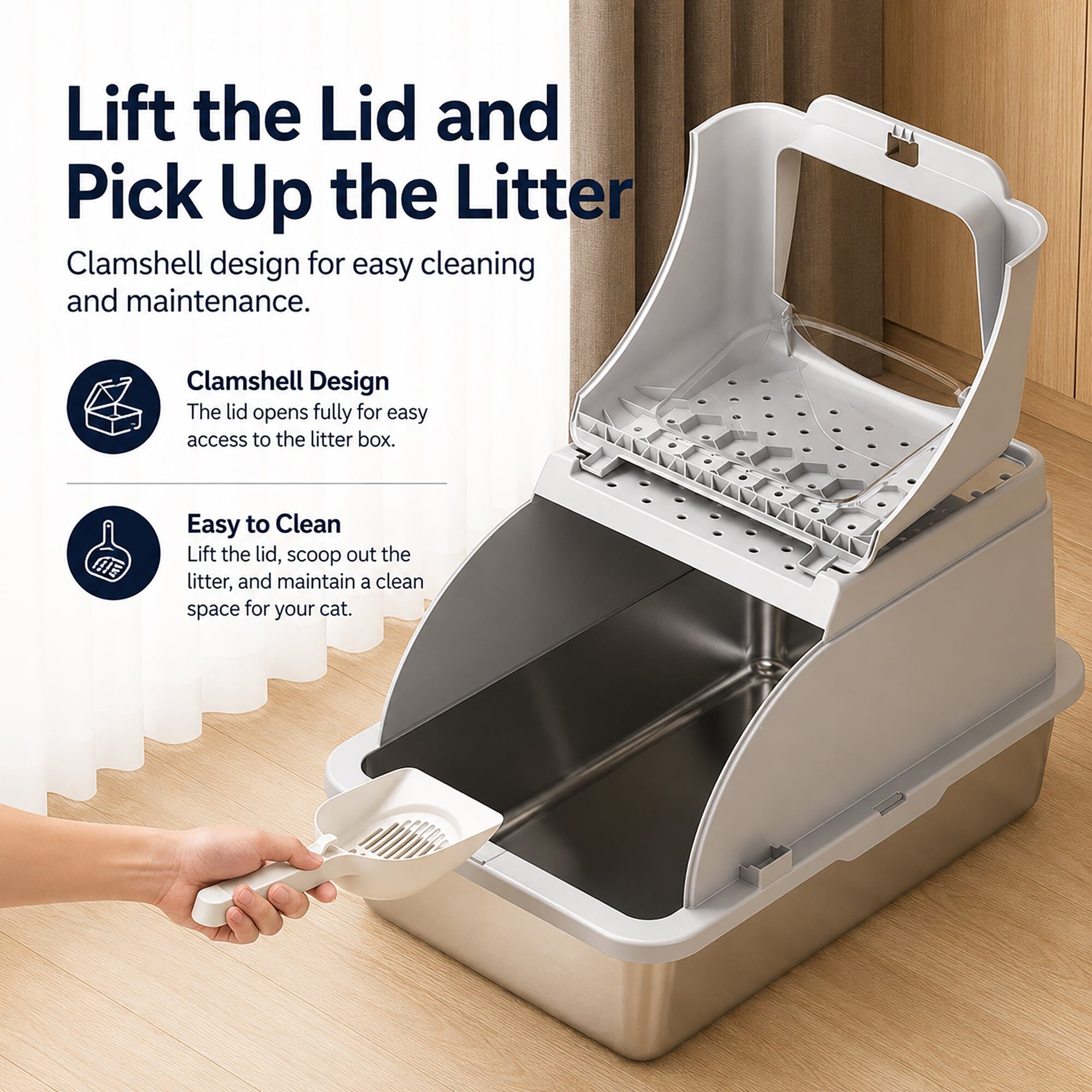 Pet Life ® “ZenPod” Premium Stainless Steel Clamshell Cat Litter Box