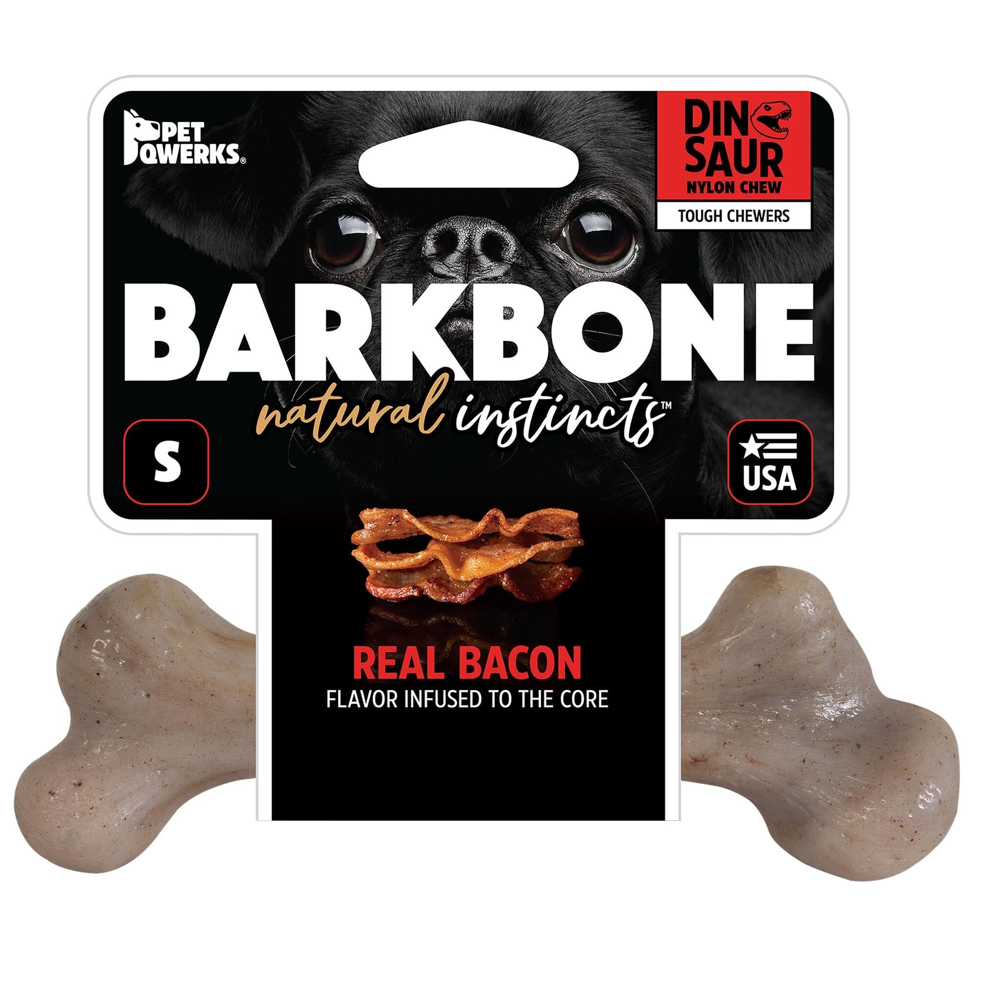 Pet Qwerks Made-in-the-USA Dinosaur BarkBone Bacon & Nylon Natural Dog Chews - Large  