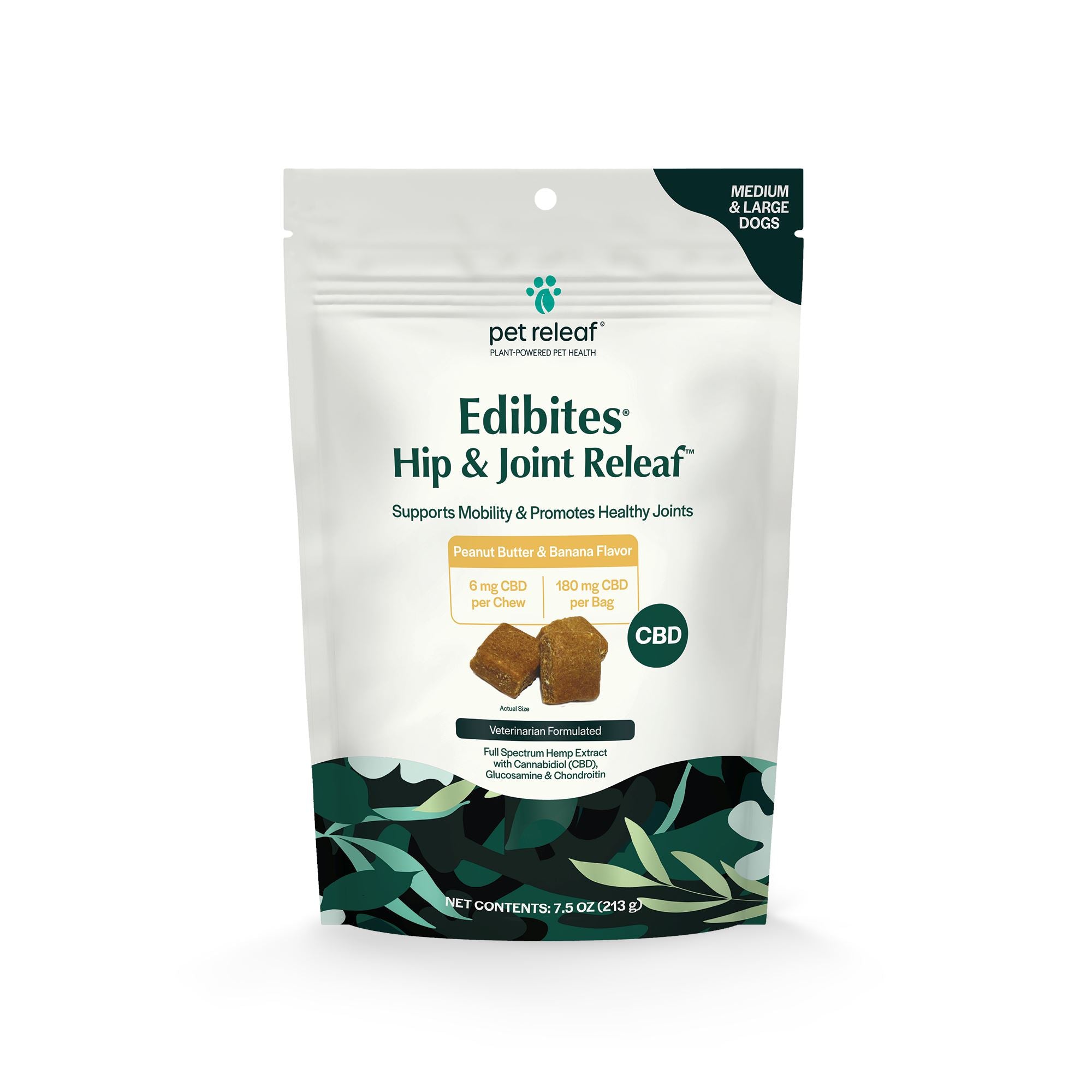 Pet Releaf Edibites Large Breed Peanut Butter/Banana Hip & Joint Hardchew Dog Treats - 7.5 oz Bag  