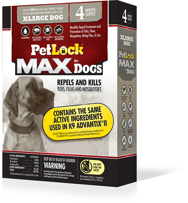 Petlock Max Flea & Tick Control for Dogs - Over 55 Lbs - 4 Pack  