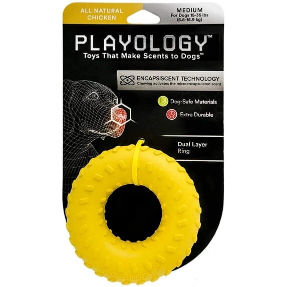Playology Durable Dual-Layered Ring Chicken Scented Fetch and Chew Rubber Dog Toy - Yellow Small