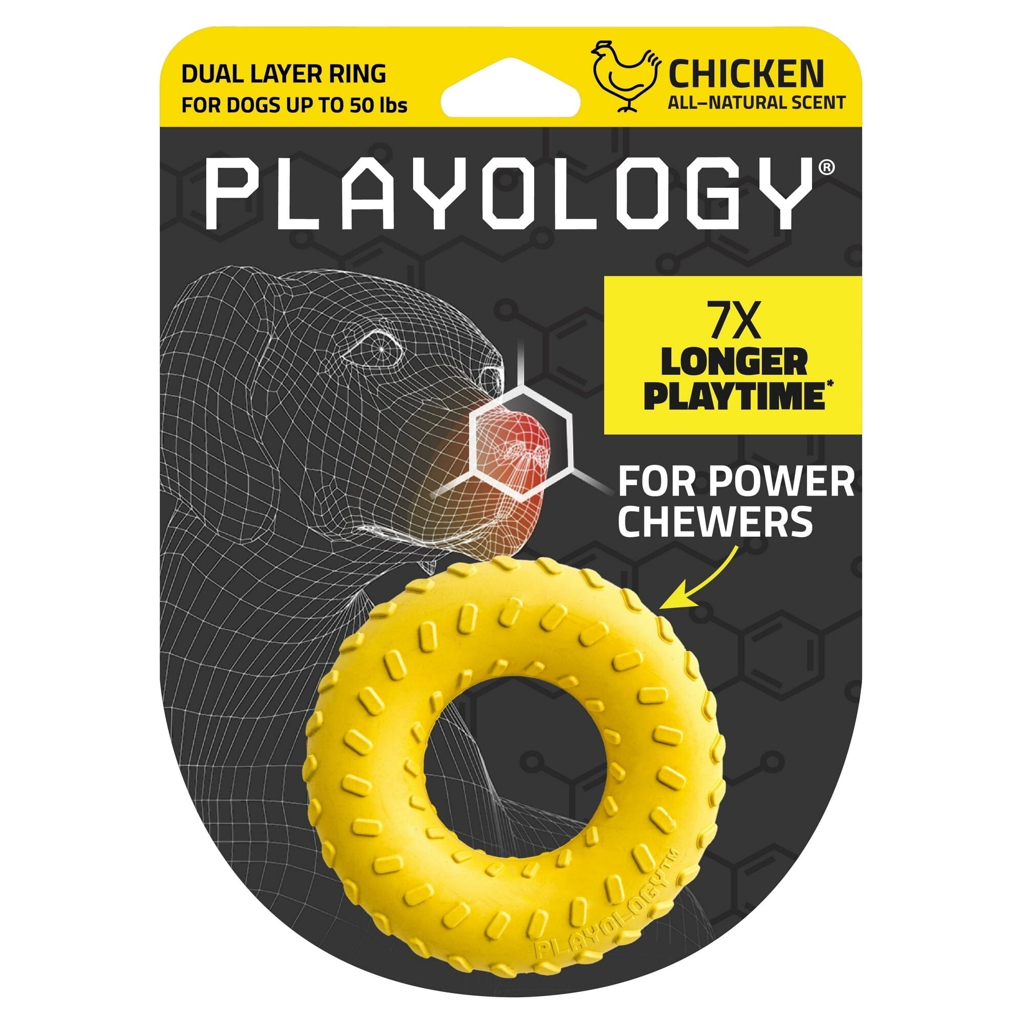 Playology Durable Dual-Layered Ring Chicken Scented Fetch and Chew Rubber Dog Toy - Yellow Medium