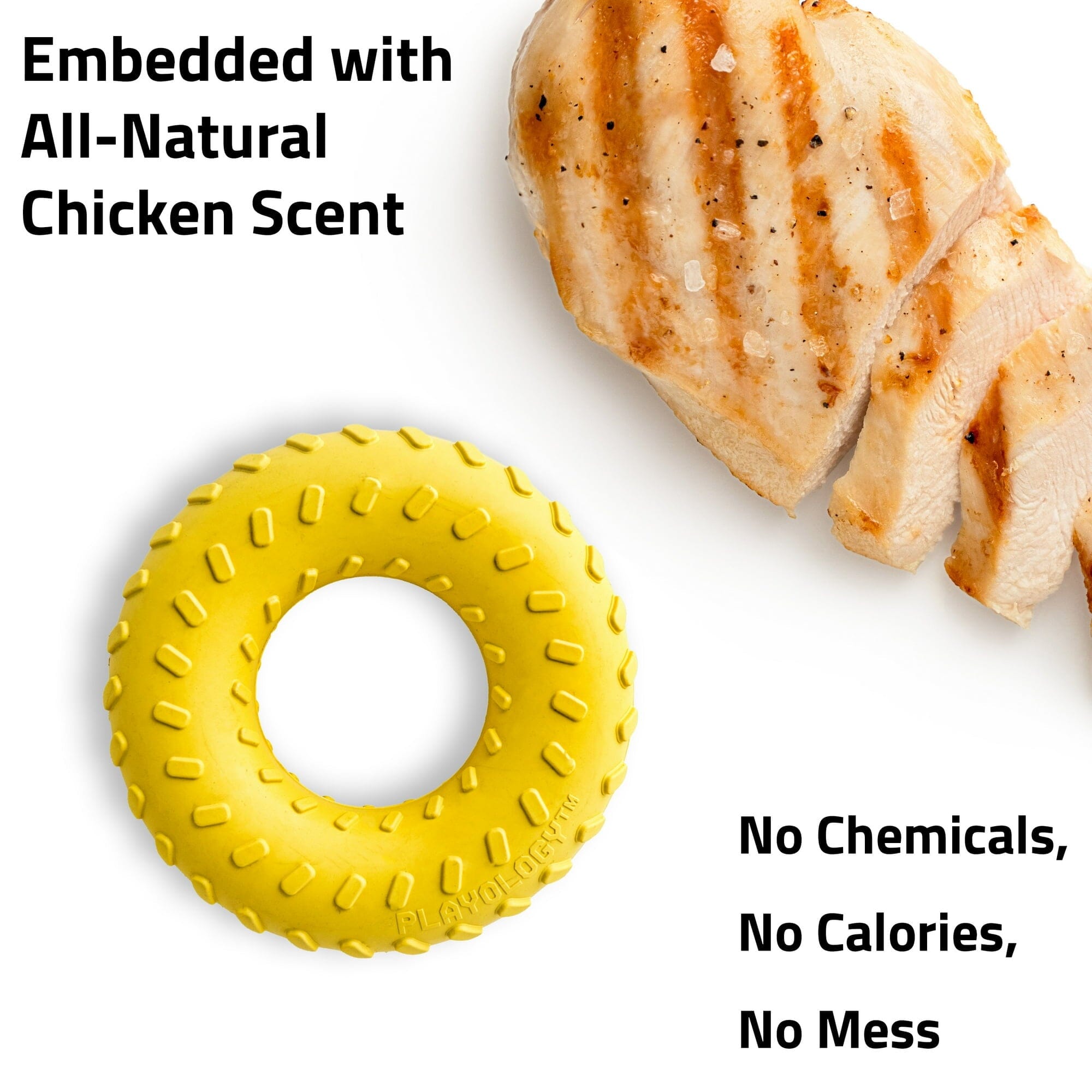 Playology Durable Dual-Layered Ring Chicken Scented Fetch and Chew Rubber Dog Toy - Yellow