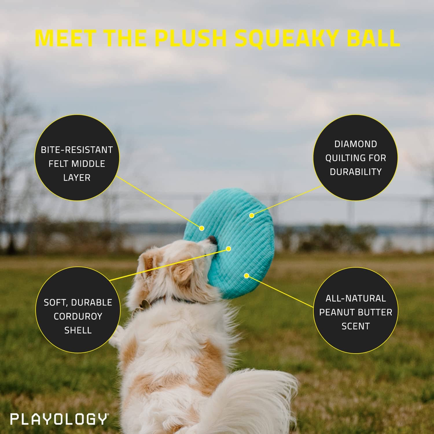 Playology Peanut Butter Scented Squeaky Ball Plush Dog Toy with Encapsiscent Technology - Large  