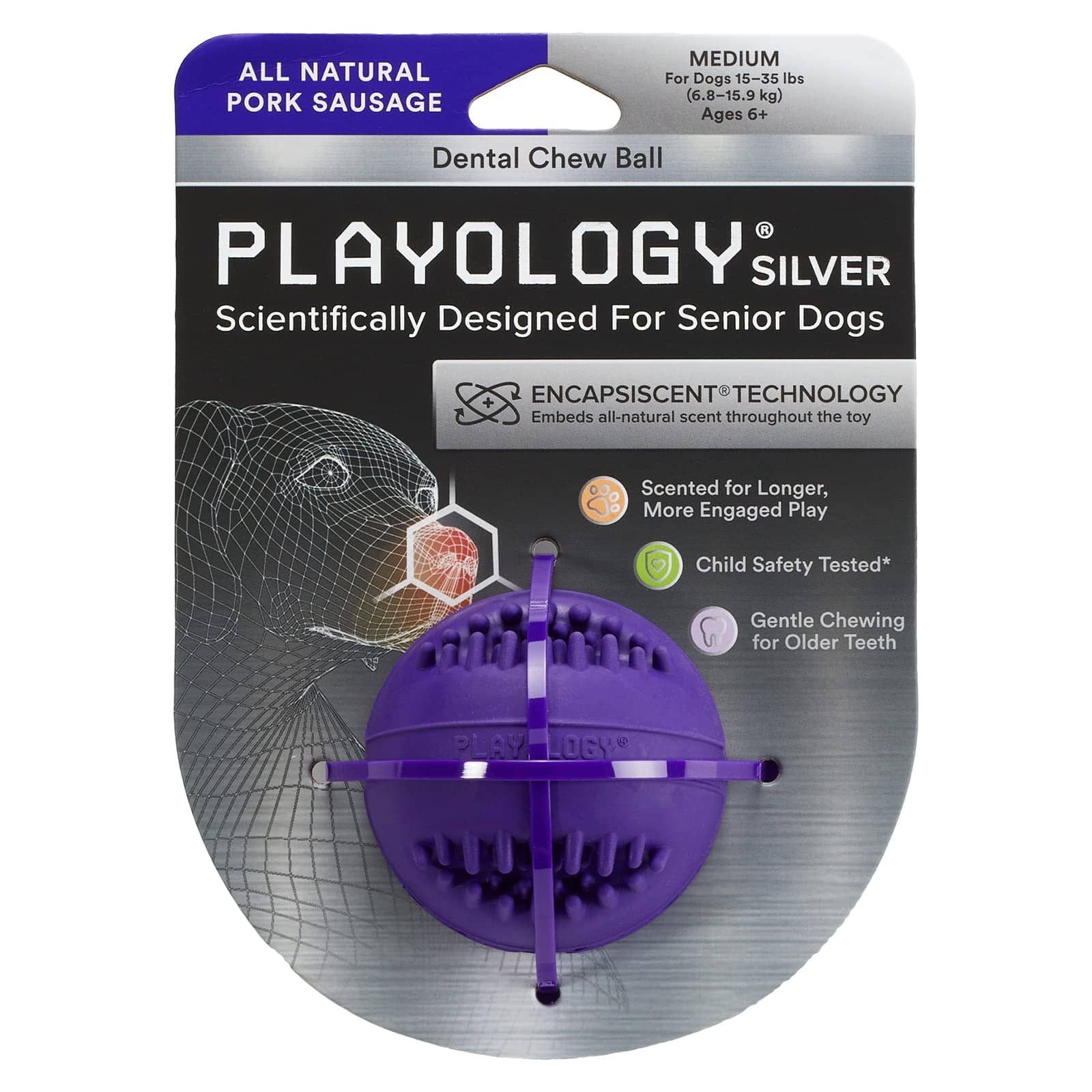 Playology Pork Scented Dental Chew Ball Rubber Dog Toy with Encapsiscent Technology - Small  