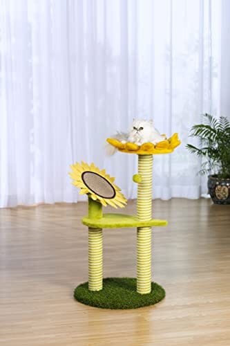 Prevue Pet Products Kitty Power Paws Sunflower Playground 2-Level Furniture Cat Scratching Post - L:19.2 X W:19.2 X H:36.6 Inches