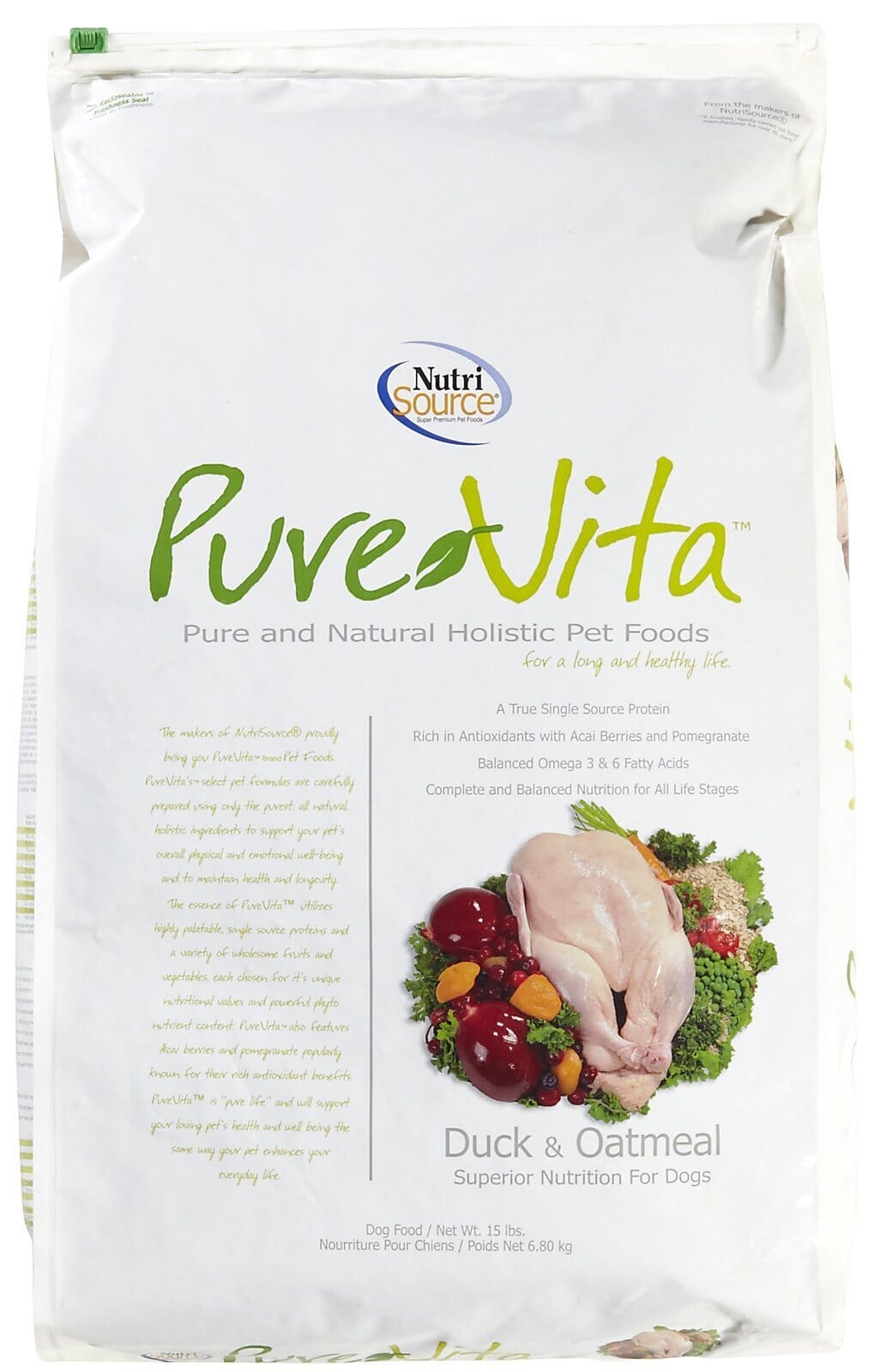 PureVita Duck and Oatmeal Recipe Dry Dog Food 15 Lbs 