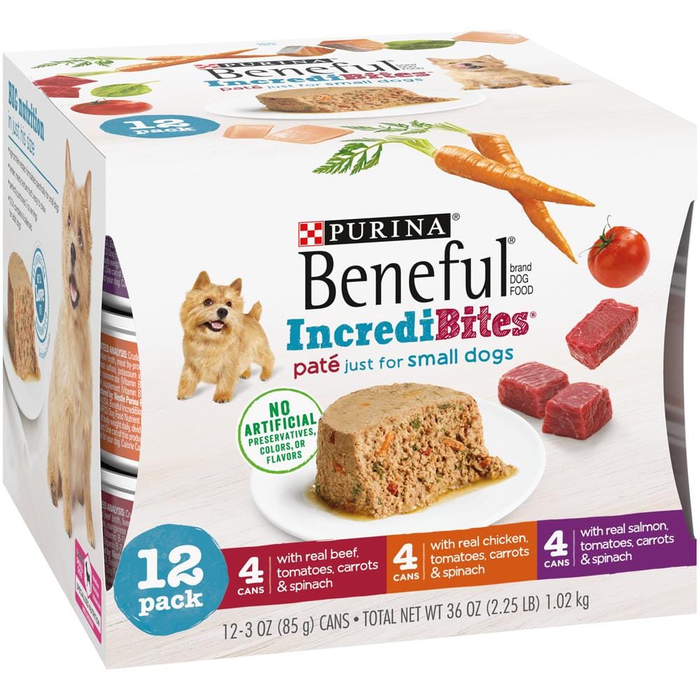 Purina Beneful Incredibites Chicken Salmon Beef with Tomatoes and Veggies Pate Small-Breed Canned Dog Food- Variety Pack - 3 Oz - Case of 12 - 2 Pack  