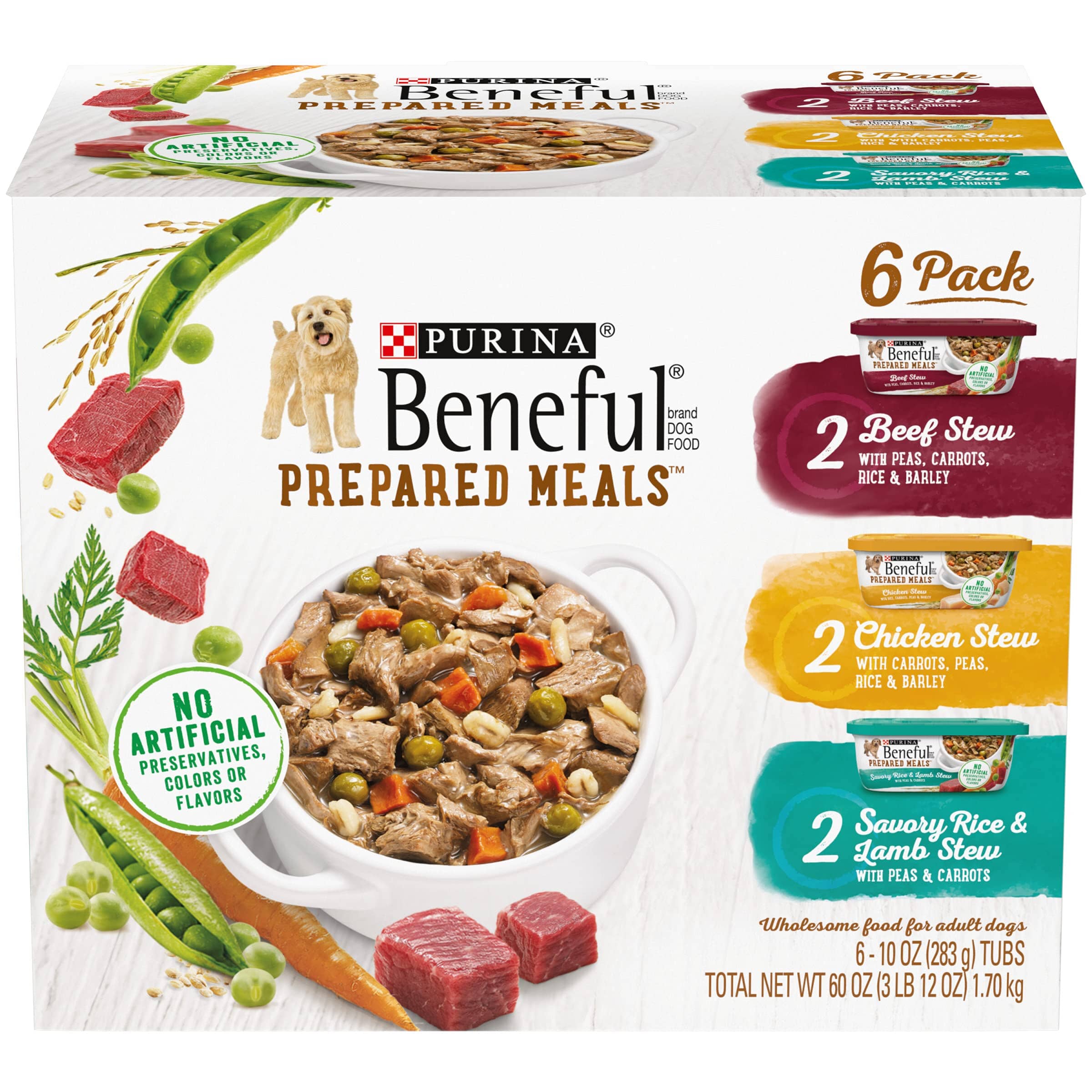 Purina Beneful Prepared Meals Lamb Chicken and Beef Stew Wet Dog Food Trays - Variety Pack - 10 Oz - Case of 6 - 2 Pack  