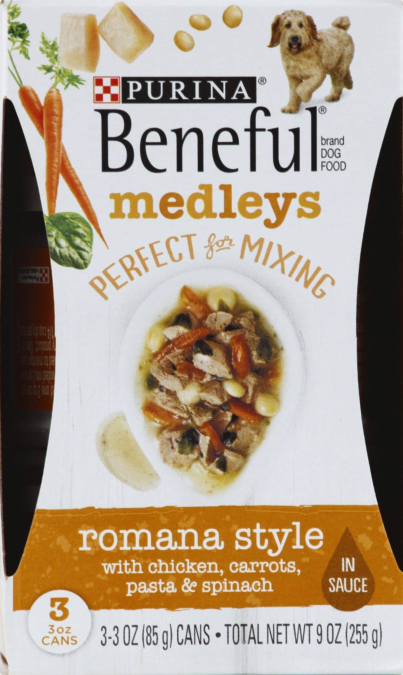 Purina Beneful Romana Style Medley's Chicken Carrots Pasta and Spinach Canned Dog Food and Mixer - Multi-Pack - 3 Oz - Case of 3 - 8 Pack  