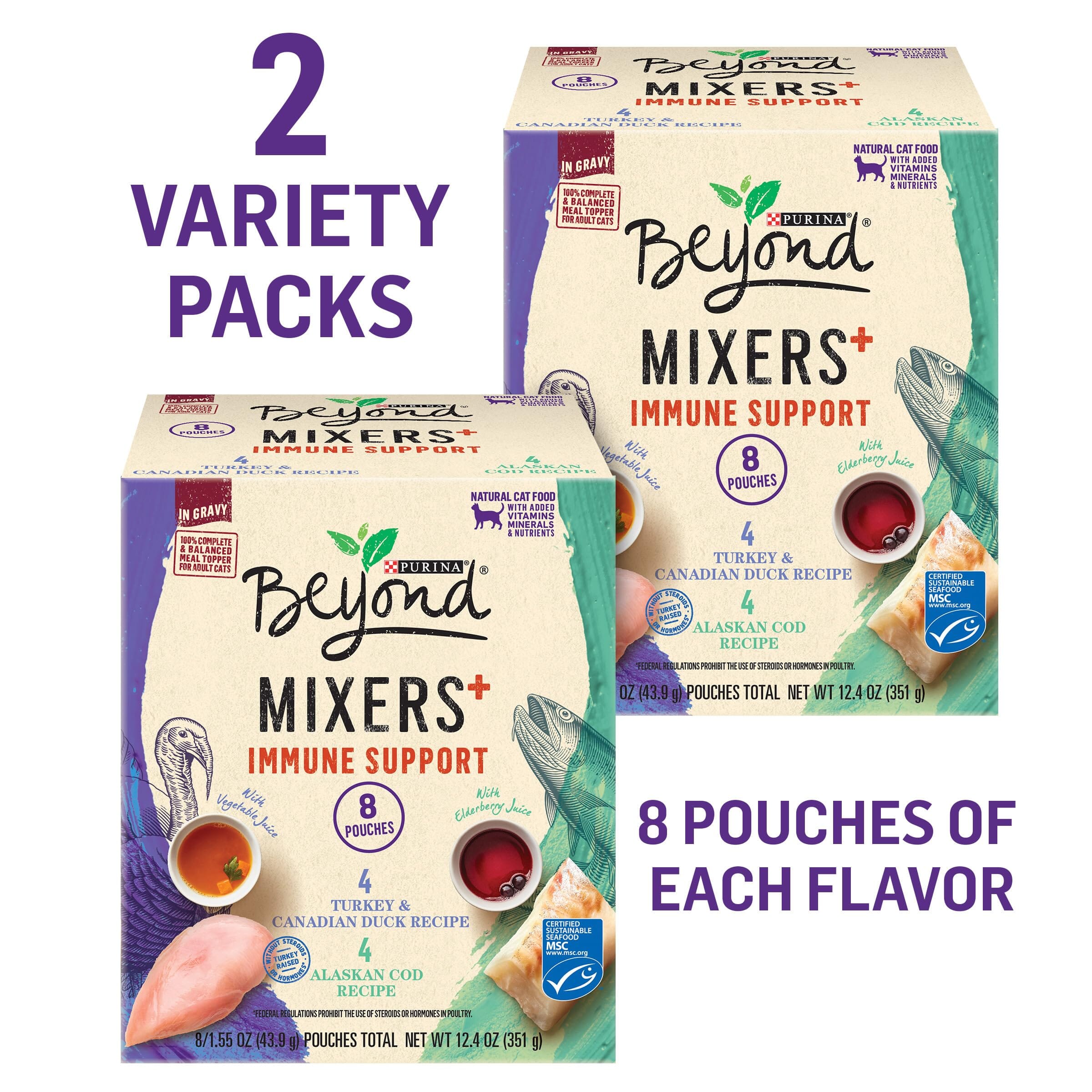 Purina Beyond Mixers+ Immune Support Turkey Duck and Cod Wet Cat Food and Topper Pouch - Variety Pack - 1.55 Oz - Case of 8 - 2 Pack  