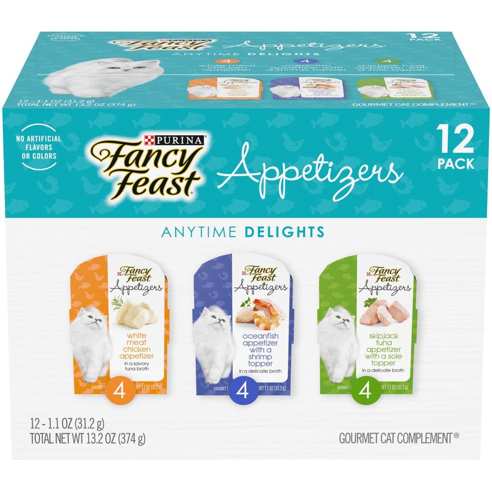 Purina Fancy Feast Appetizers Chicken Oceanfish and Tuna Wet Cat Food and Topper Pouch - Variety Pack - 1.1 Oz - Case of 12 - 2 Pack  