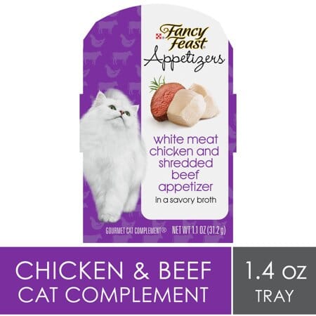 Purina Fancy Feast Appetizers Grain-Free Chicken and Beef Wet Cat Food and Topper Pouch - 1.1 Oz - Case of 10  