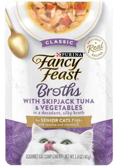 Purina Fancy Feast Broths Classic Skipjack Tuna and Veggie Senior Cat Wet Cat Food or Topper Pouch - 1.4 Oz - Case of 16  