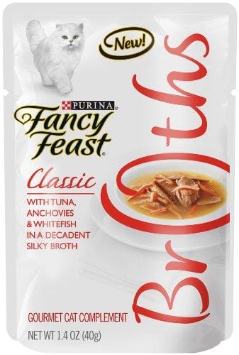 Purina Fancy Feast Broths Classic Tuna Anchovies and Whitefish Wet Cat Food or Topper Pouch - 1.4 Oz - Case of 16  