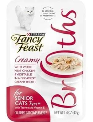 Purina Fancy Feast Broths Creamy Chicken and Veggies Senior Wet Cat Food or Topper Pouch - 1.4 Oz - Case of 16  