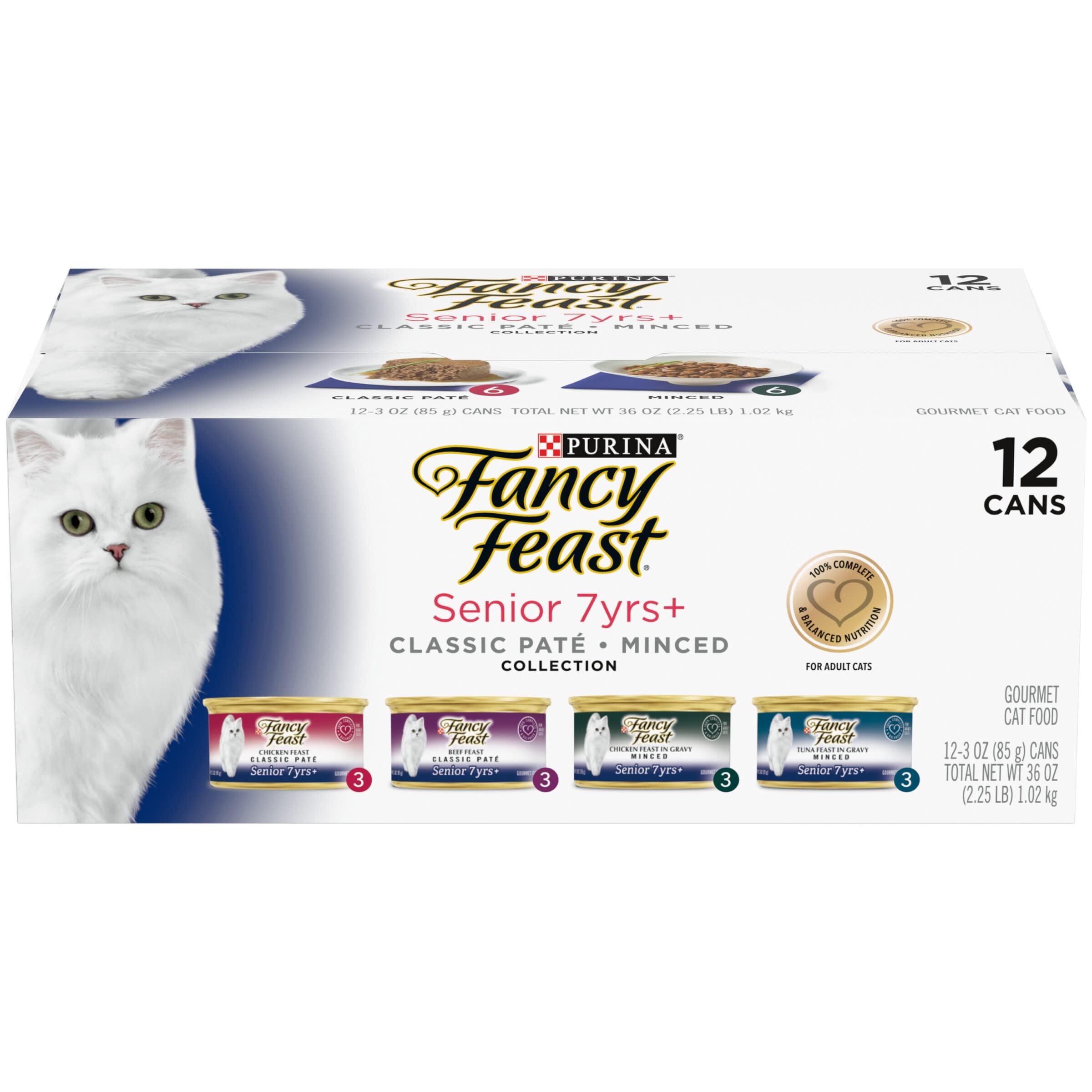 Purina Fancy Feast Chicken and Beef Pate and Minced in Gravy Senior Canned Cat Food - Variety Pack - 3 Oz - Case of 12 - 2 Pack  