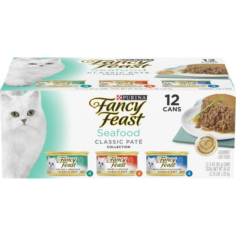 Purina Fancy Feast Classic Seafood Tuna Salmon Whitefish and Cod Canned Cat Food - Variety Pack - 3 Oz - Case of 12 - 2 Pack  