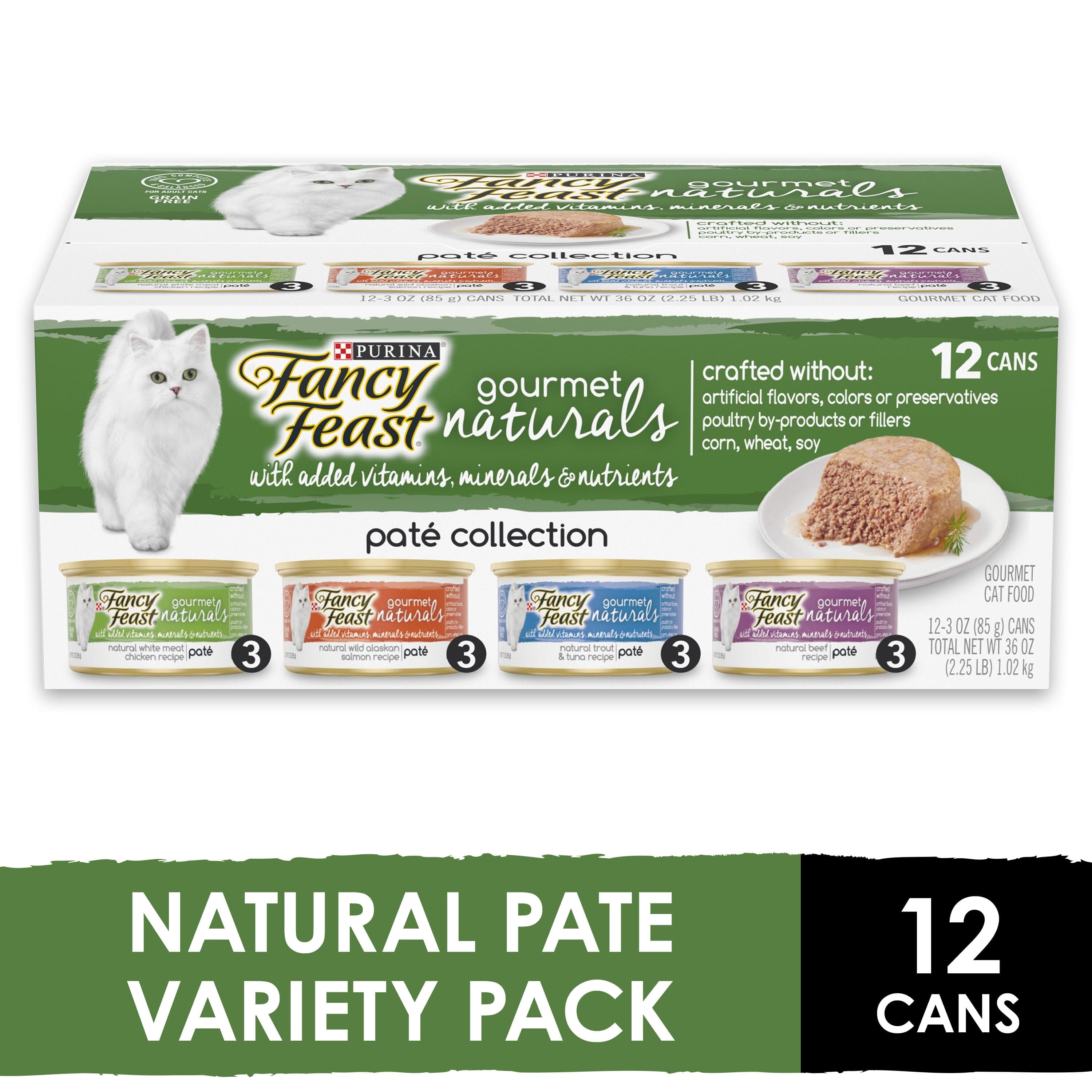 Purina Fancy Feast Gourmet Naturals Chicken Salmon Tuna and Beef Pate Canned Cat Food - Variety Pack - 3 Oz - Case of 12 - 2 Pack  