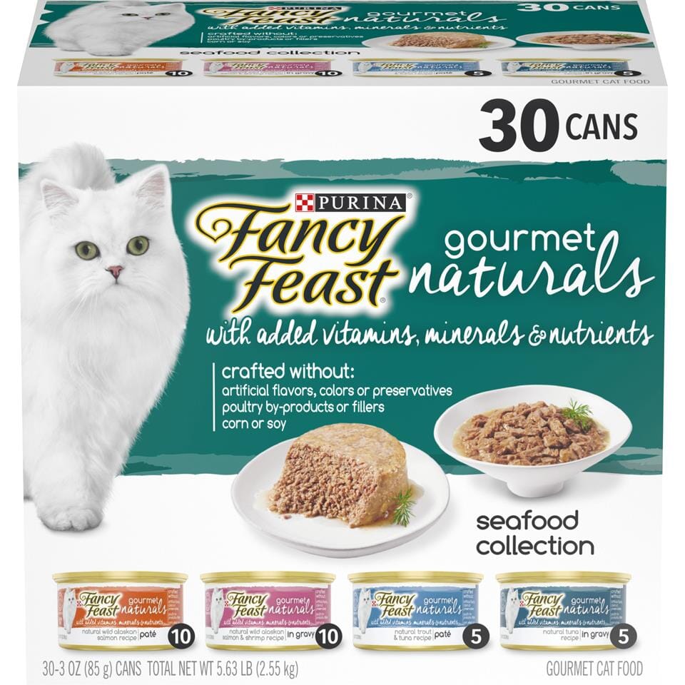 Purina Fancy Feast Gourmet Naturals Seafood and Salmon in Gravy and Pate Canned Cat Food - Variety Pack - 3 Oz - Case of 30  