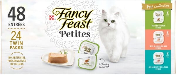 Purina Fancy Feast Petites Chicken Salmon Whitefish and Tuna Pate Entrée Wet Cat Food Trays - Variety Pack - 2.8 Oz - 24 Count