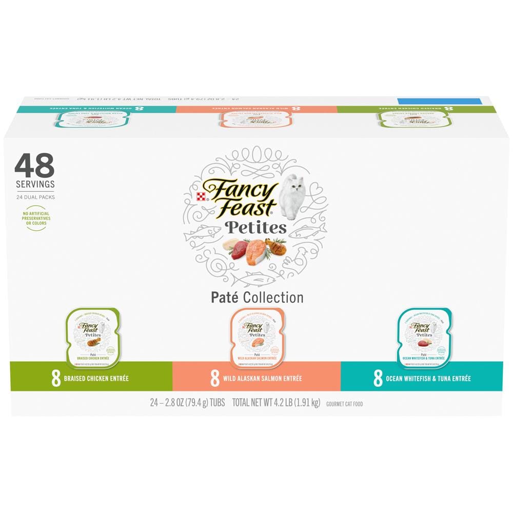 Purina Fancy Feast Petites Chicken Salmon Whitefish and Tuna Pate Entrée Wet Cat Food Trays - Variety Pack - 2.8 Oz - 24 Count  