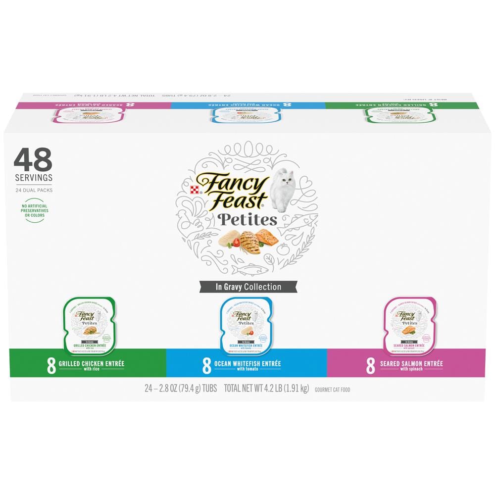 Purina Fancy Feast Petites Grilled Chicken Whitefish and Salmon Entrée in Gravy Wet Cat Food Trays - Variety Pack - 2.8 Oz - 24 Count  