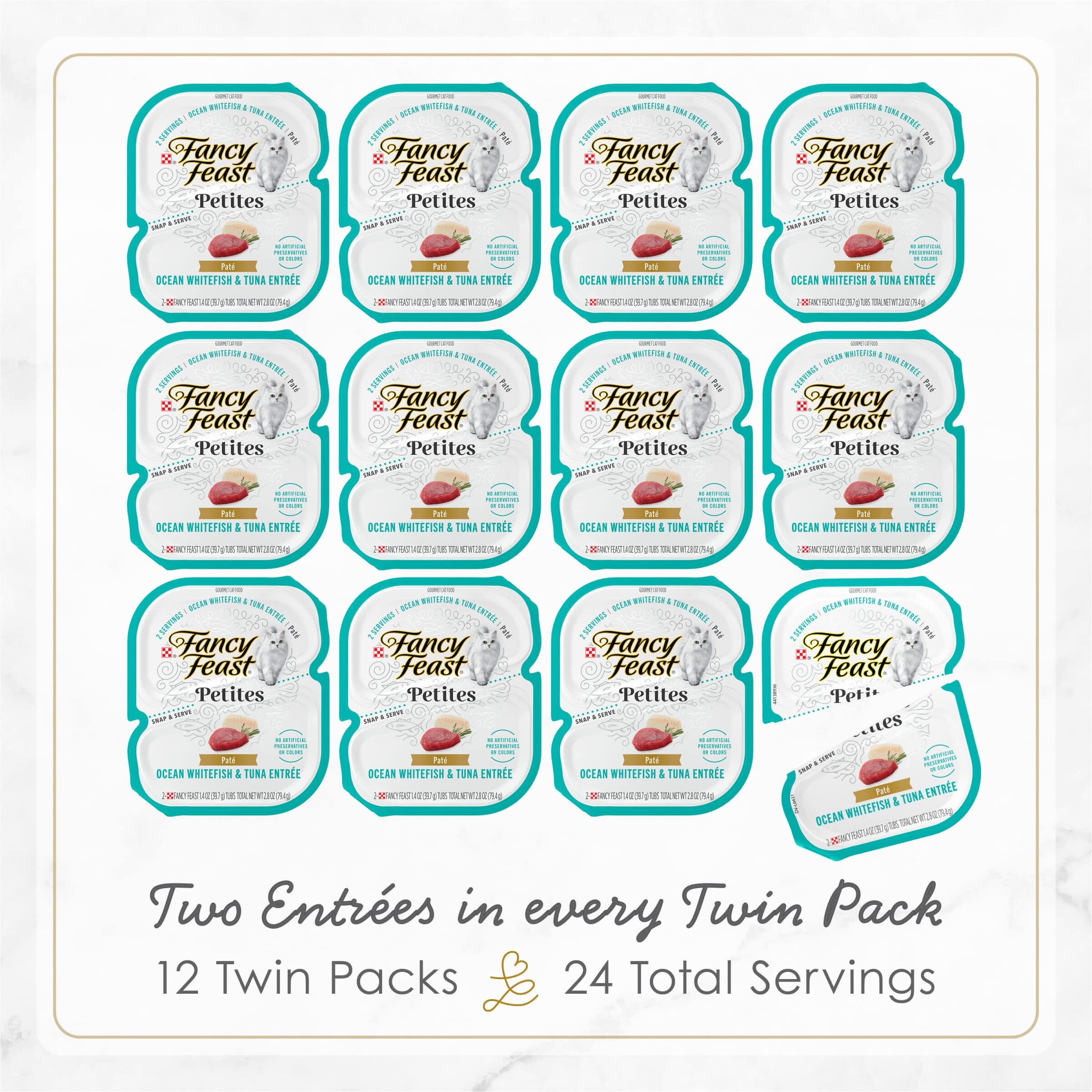 Purina Fancy Feast Petites Ocean Whitefish and Tuna Pate Entrée Wet Cat Food Trays - 2.8 Oz - Case of 12  