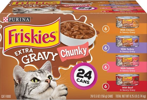 Purina Friskies Extra Gravy Chicken Turkey Salmon and Beef Chunky Canned Cat Food - Variety Pack - 5.5 Oz - 24 Count  