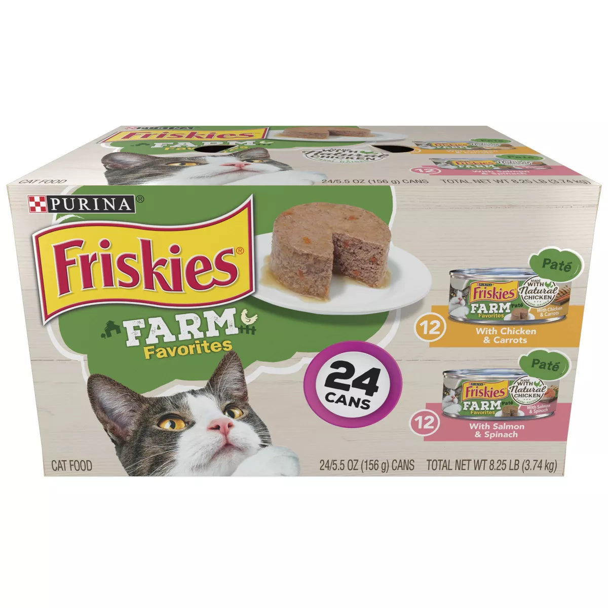 Purina Friskies Farm Favorites Chicken and Salmon with Carrots and Spinach Pate Canned Cat Food - Variety Pack - 5.5 Oz - 24 Count  