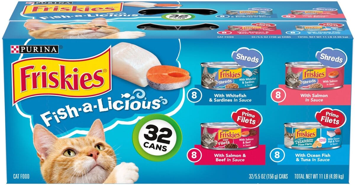 Purina Friskies Fish-a-licious Shreds and Filets Whitefish Beef Tuna and Salmon in Sauce Canned Cat Food - Variety Pack - 5.5 Oz - Case of 32  