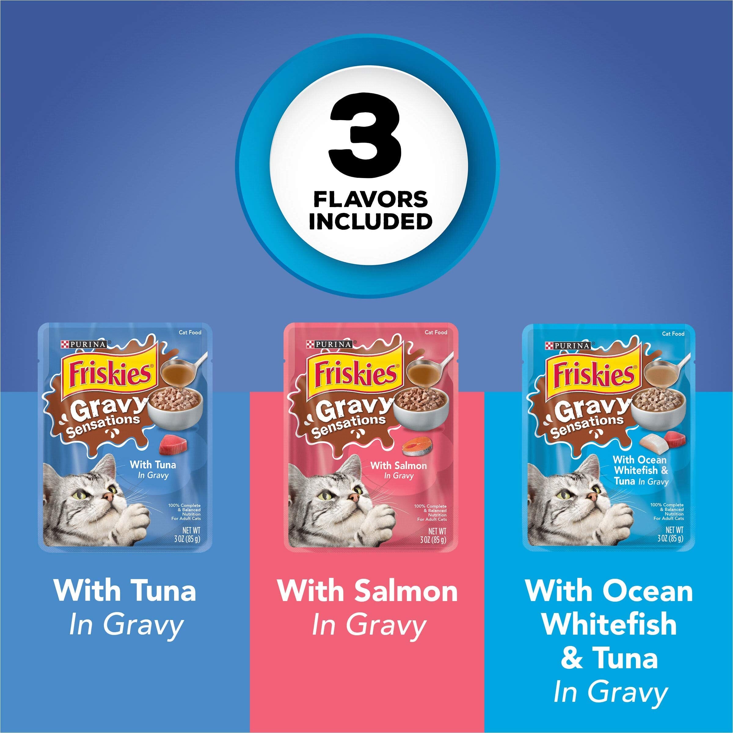 Purina Friskies Gravy Sensations Chicken Turkey and Beef in Gravy Wet Cat Food Pouch - Variety Pack - 3 Oz - Case of 12 - 2 Pack  