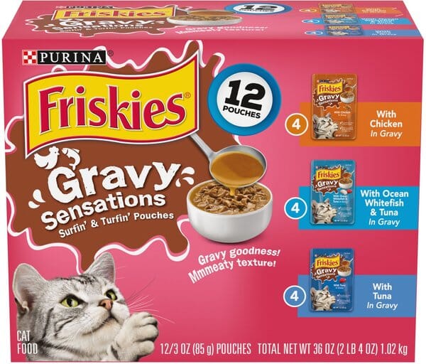 Purina Friskies Gravy Sensations Chicken Whitefish and Tuna Wet Cat Food Pouch - Variety Pack - 3 Oz - Case of 12 - 2 Pack
