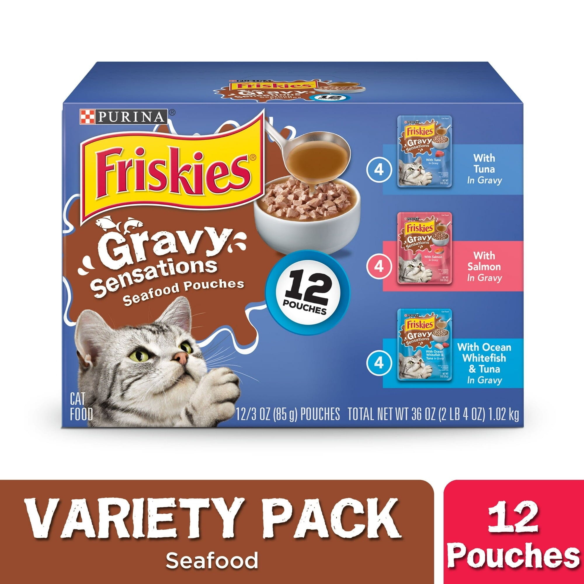 Purina Friskies Gravy Sensations Tuna Salmon and Whitefish Wet Cat Food Pouch - Variety Pack - 3 Oz - Case of 12 - 2 Pack