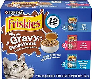 Purina Friskies Gravy Sensations Tuna Salmon and Whitefish Wet Cat Food Pouch - Variety Pack - 3 Oz - Case of 12 - 2 Pack  