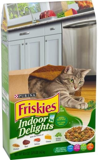 Purina Friskies Indoor Delights Chicken Salmon Cheese and Garden Greens Adult Dry Cat Food - 3.15 Lbs - Case of 4  