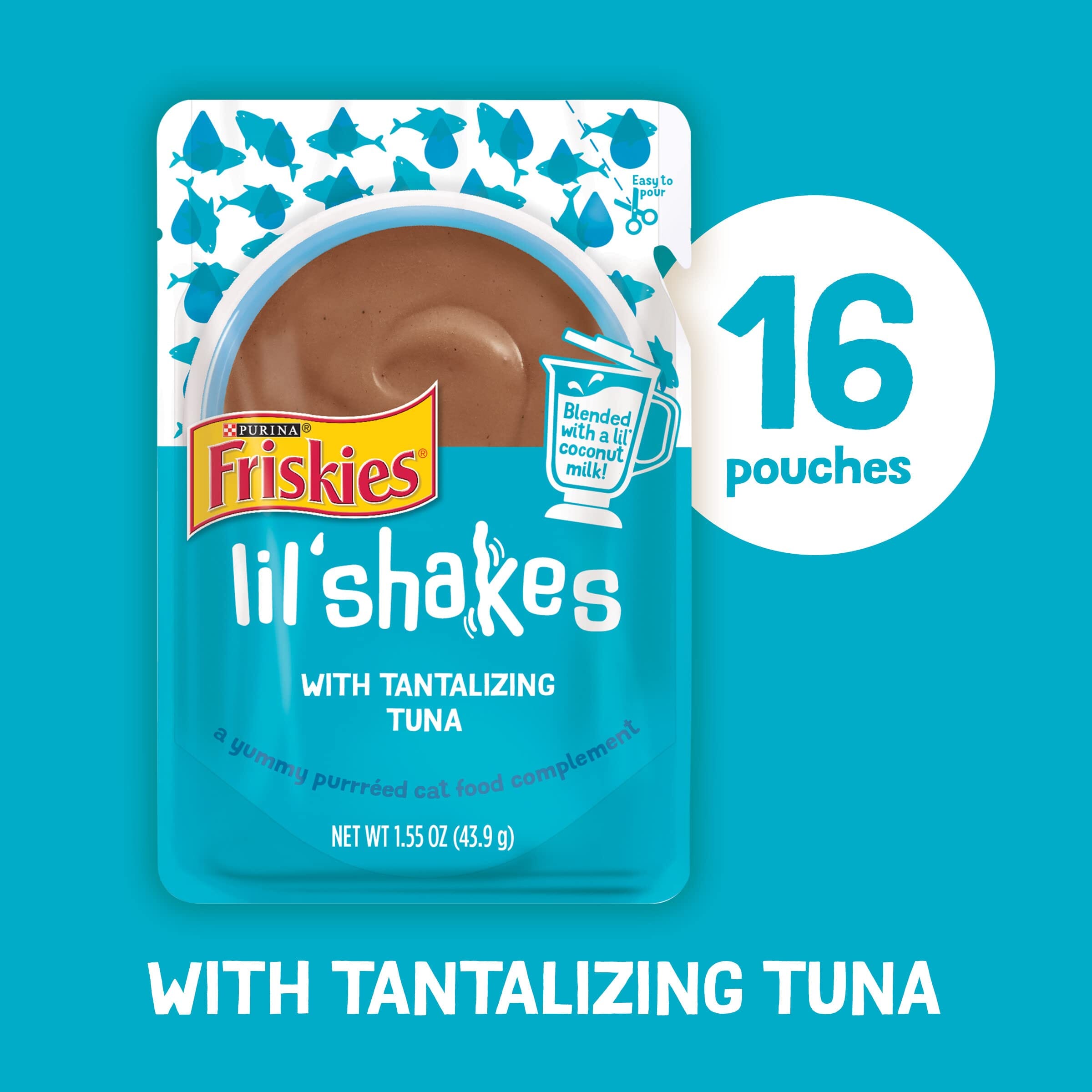 Purina Friskies Lil' Shakes Tuna Puree with Coconut Milk Wet Cat Food or Topper Pouch - 1.55 Oz - Case of 16  