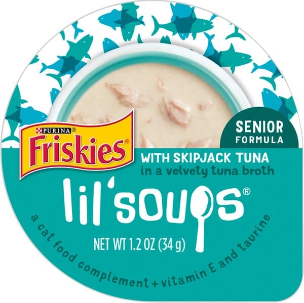 Purina Friskies Lil' Soups Compliments Grain-Free Skipjack Tuna in Broth Senior Wet Cat Food Topper or Treat - 1.2 Oz - Case of 8  