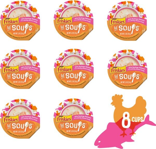 Purina Friskies Lil' Soups Compliments Salmon in Chicken Broth Puree Wet Cat Food Topper or Treat - 1.2 Oz - Case of 8